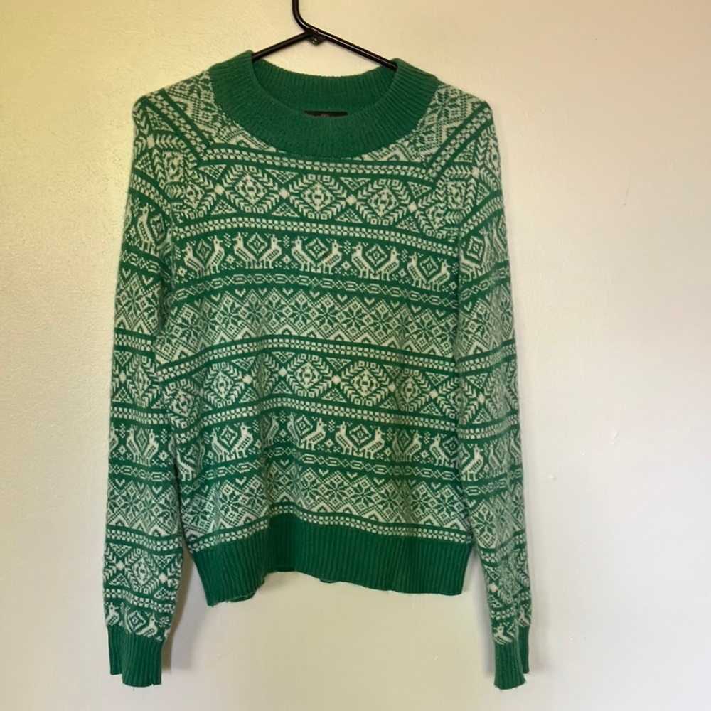 J. Crew Fair Isle Birds Green Sweater Medium